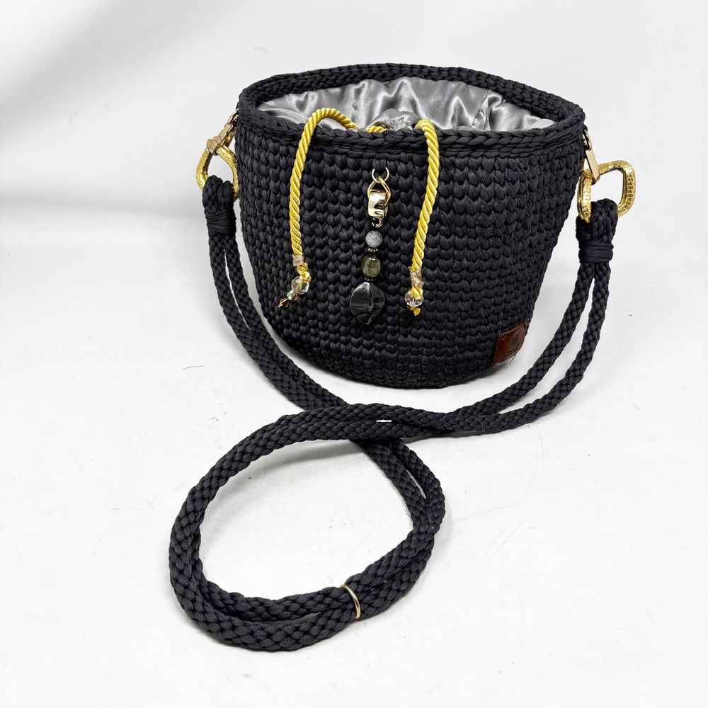 Saeli Handmade Crochet Bucket Bag Charcoal‎ Gray Drawstring Satin Lined Beaded